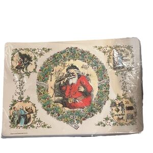 VTG Christmas Old World Santa Claus Vinyl Placemats Two Sided Set Of 4 NOS 1994